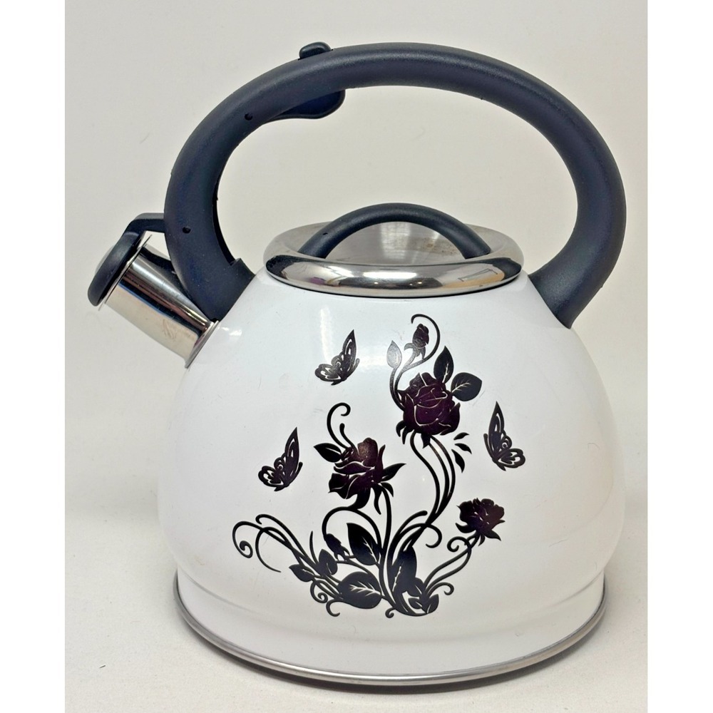 White Stainless Steel Whistling Tea Kettle Floral Butterfly 2Qt